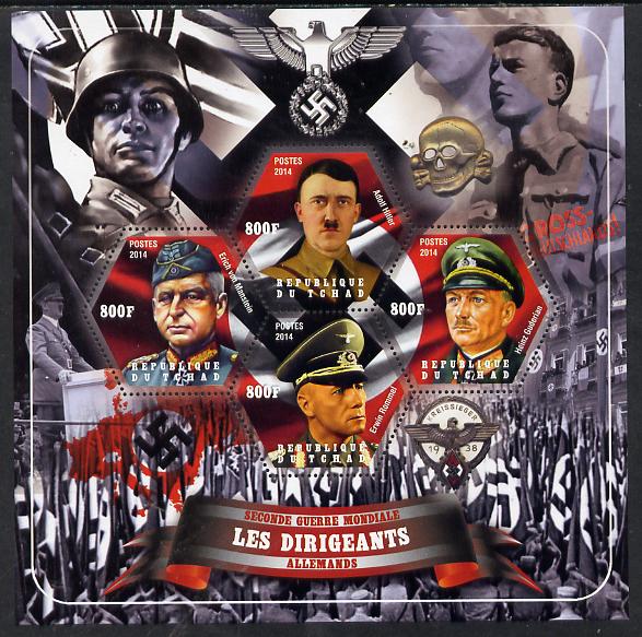 Chad 2014 Leaders in WW2 - Germany #2 - Hitler, Guderian, Rommel & von Manstein perf sheetlet containing four hexagonal shaped values unmounted mint, stamps on personalities, stamps on  ww2 , stamps on shaped, stamps on militaria  , stamps on dictators.
