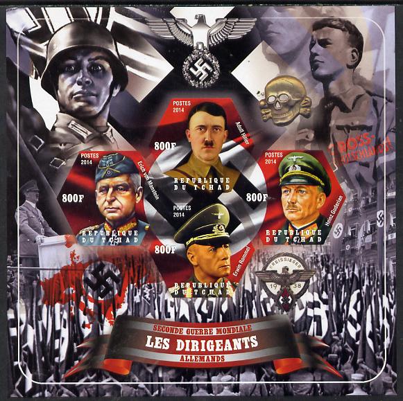 Chad 2014 Leaders in WW2 - Germany #2 - Hitler, Guderian, Rommel & von Manstein imperf sheetlet containing four hexagonal shaped values unmounted mint, stamps on personalities, stamps on  ww2 , stamps on shaped, stamps on militaria  , stamps on dictators.