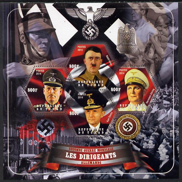 Chad 2014 Leaders in WW2 - Germany #3 - Hitler, Goring, Donitz & Keitel perf sheetlet containing four hexagonal shaped values unmounted mint, stamps on personalities, stamps on  ww2 , stamps on shaped, stamps on militaria  , stamps on dictators.