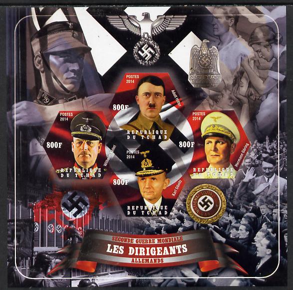 Chad 2014 Leaders in WW2 - Germany #3 - Hitler, Goring, Donitz & Keitel imperf sheetlet containing four hexagonal shaped values unmounted mint, stamps on personalities, stamps on  ww2 , stamps on shaped, stamps on militaria  , stamps on dictators.
