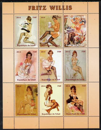 Chad 2014 Erotic Art by Fritz Willis perf sheetlet containing 9 values unmounted mint. Note this item is privately produced and is offered purely on its thematic appeal. . 