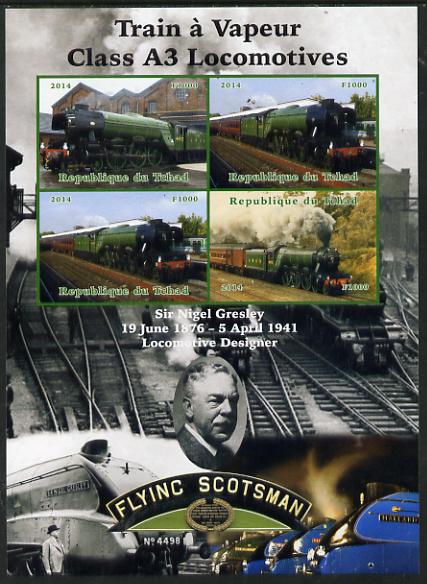 Chad 2014 Steam Trains - A3 Locomotives large imperf sheetlet containing 4 values unmounted mint. Note this item is privately produced and is offered purely on its thematic appeal. . , stamps on , stamps on  stamps on railways