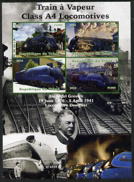 Chad 2014 Steam Trains - A4 Locomotives large imperf sheetlet containing 4 values unmounted mint. Note this item is privately produced and is offered purely on its thematic appeal. . , stamps on railways