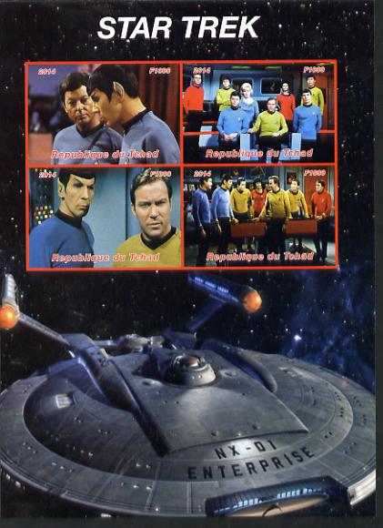 Chad 2014 Sar Trek #1 large imperf sheetlet containing 4 values unmounted mint. Note this item is privately produced and is offered purely on its thematic appeal. . , stamps on space, stamps on films, stamps on  tv , stamps on sci-fi, stamps on star trek, stamps on 