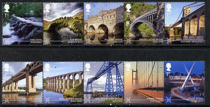 Great Britain 2015 Bridges set of 10 (2 se-tenant strips) unmounted mint, stamps on bridges, stamps on civil engineering