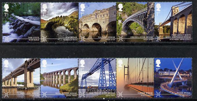 Great Britain 2015 Bridges set of 10 (2 se-tenant strips) unmounted mint, stamps on bridges, stamps on civil engineering