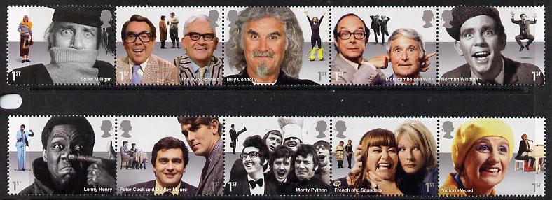 Great Britain 2015 Comedy Greats set of 10 (2 se-tenant strips) unmounted mint, stamps on , stamps on  stamps on comedy. tv , stamps on  stamps on films, stamps on  stamps on cinema, stamps on  stamps on personalities